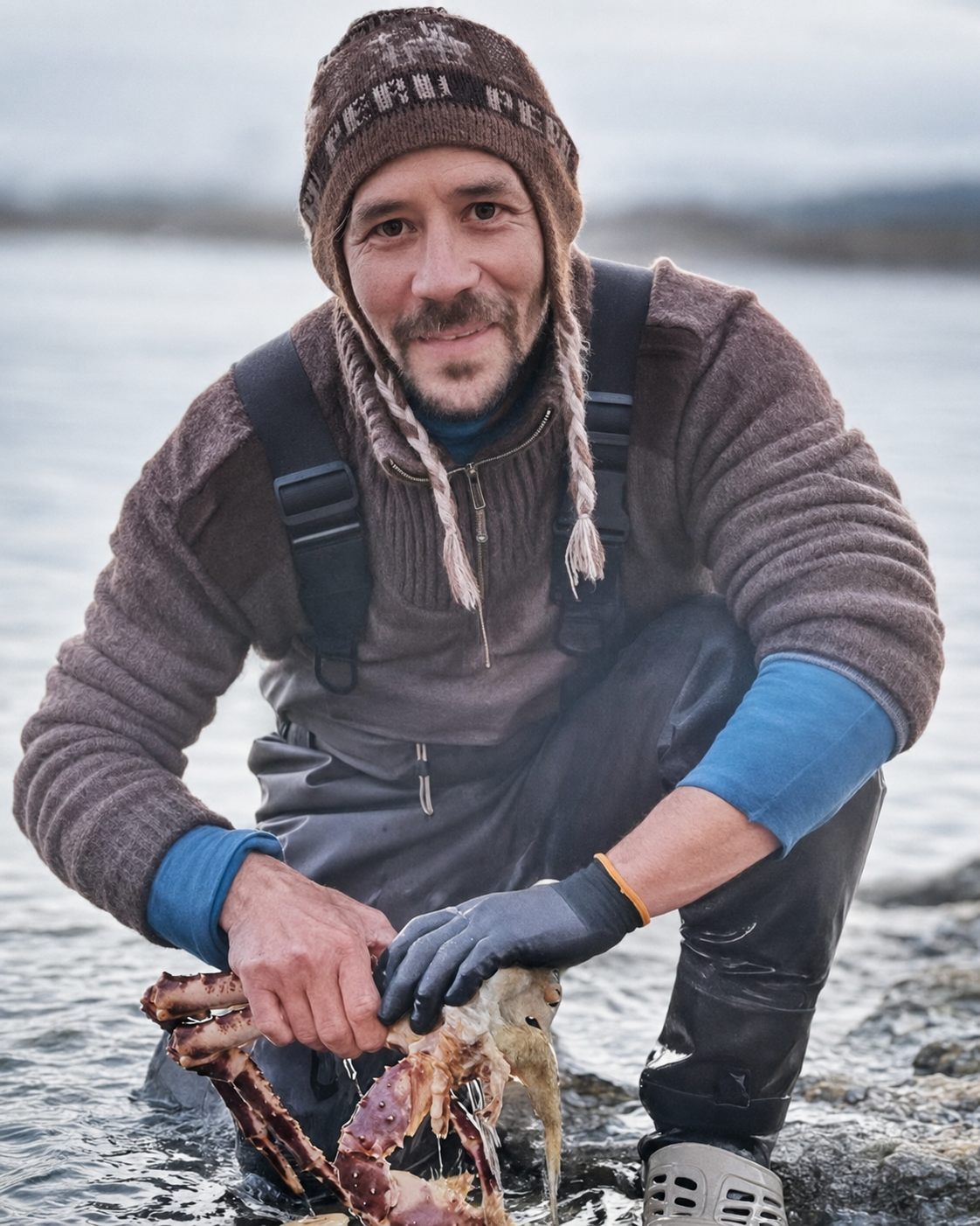Geir Ove Johnsen med kongekrabbe i fjæra i Nord-Norge
