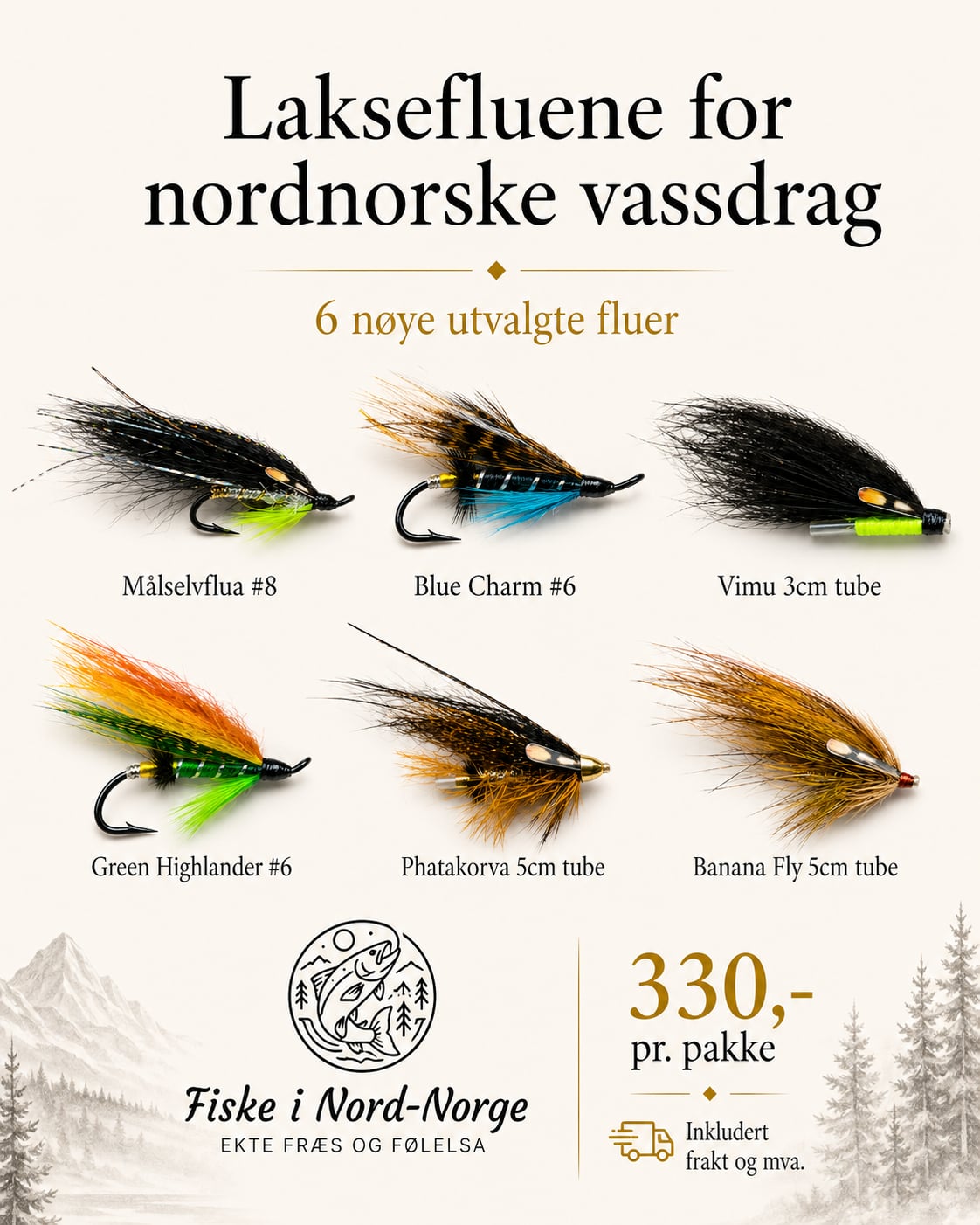 Laksefluer 6pk – seks av våre laksefavoritter i nordnorske vassdrag