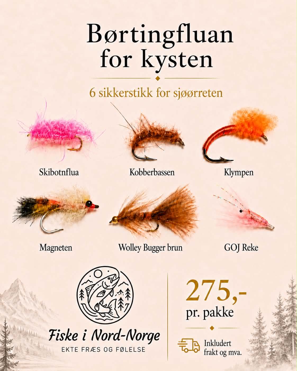 Sjøørretfluer 6pk – Børtingfluan for kysten, seks sikkerstikk for sjøørreten