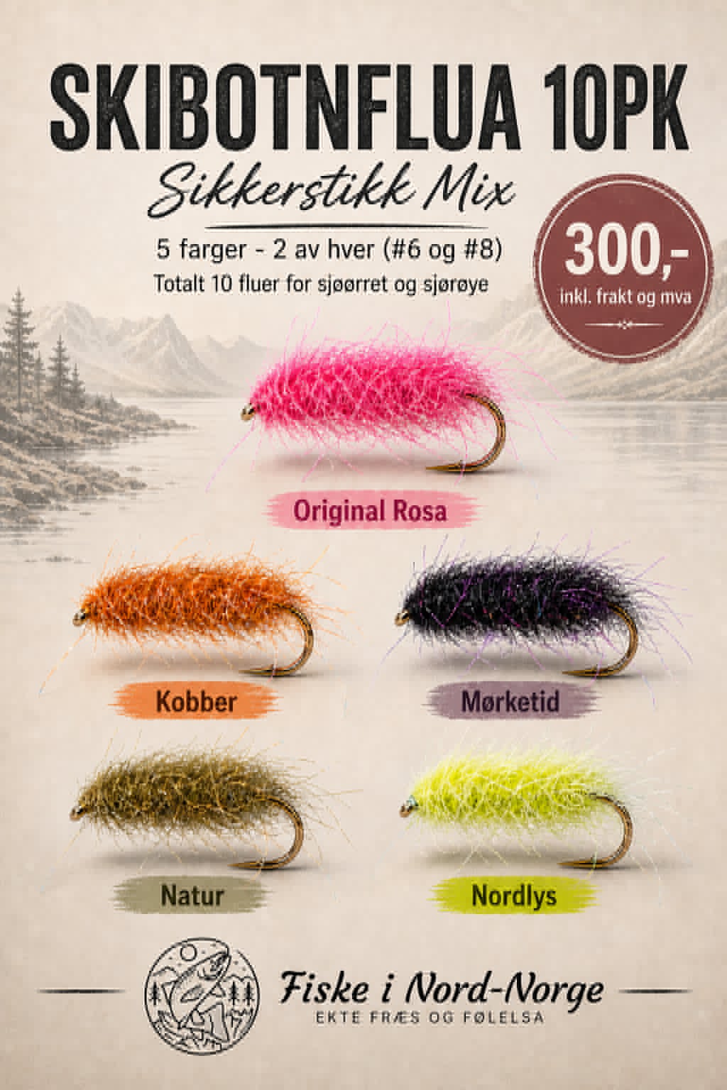 Skibotnflua 10pk Mix – fem farger sikkerstikk for sjøørret og sjørøye